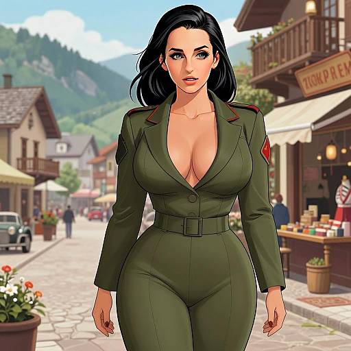 Stylized Woman in Military Jumpsuit in Mountain Village Illustration