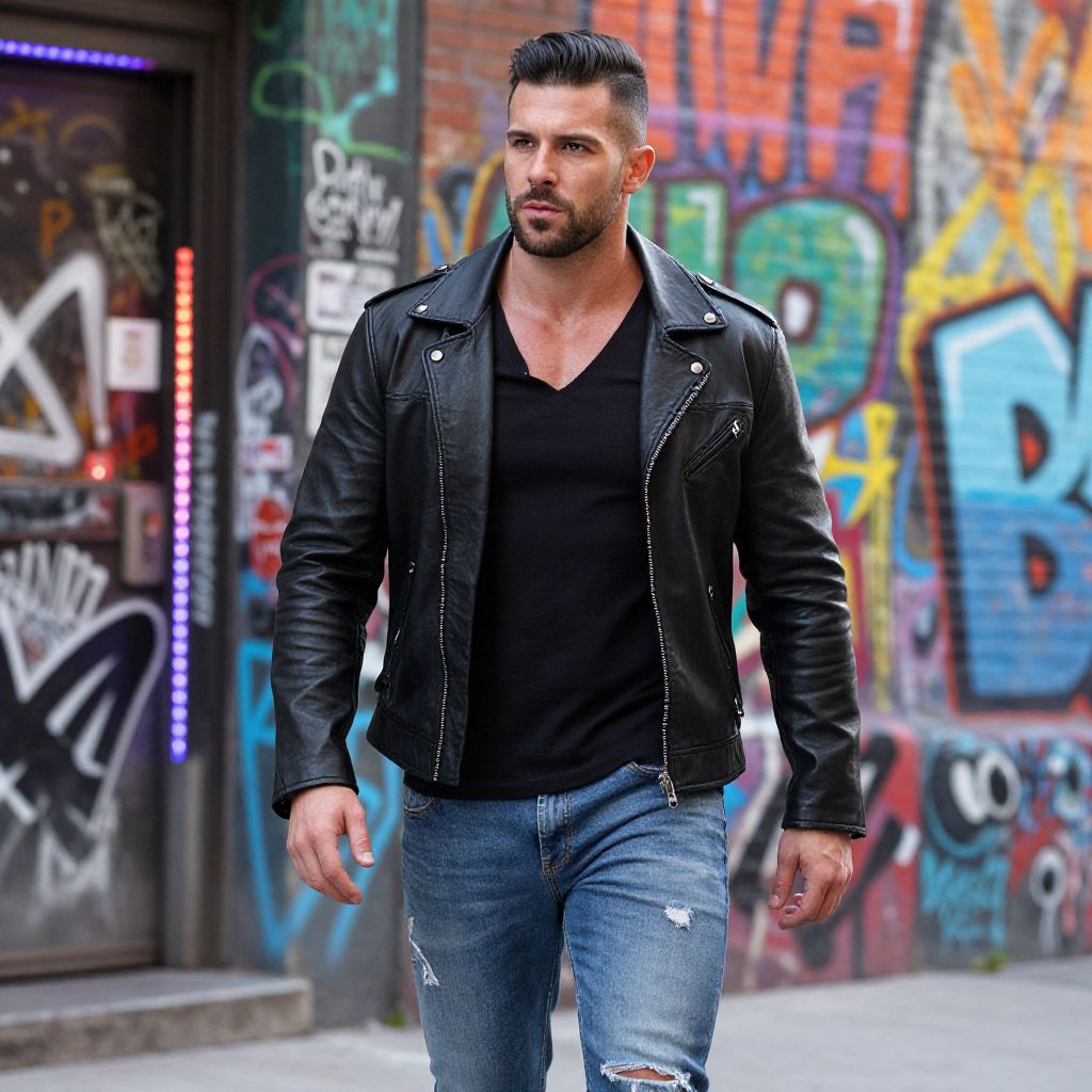 Man in Black Leather Jacket Walking in Urban Graffiti Street