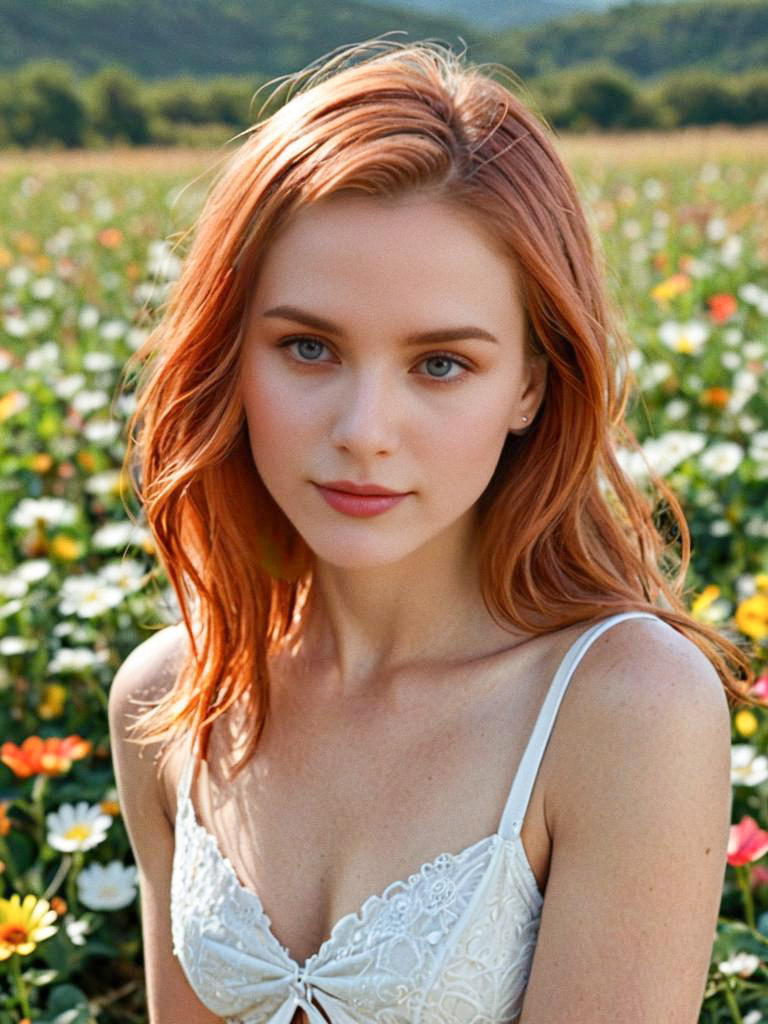 Woman in Flower Field - Natural Beauty