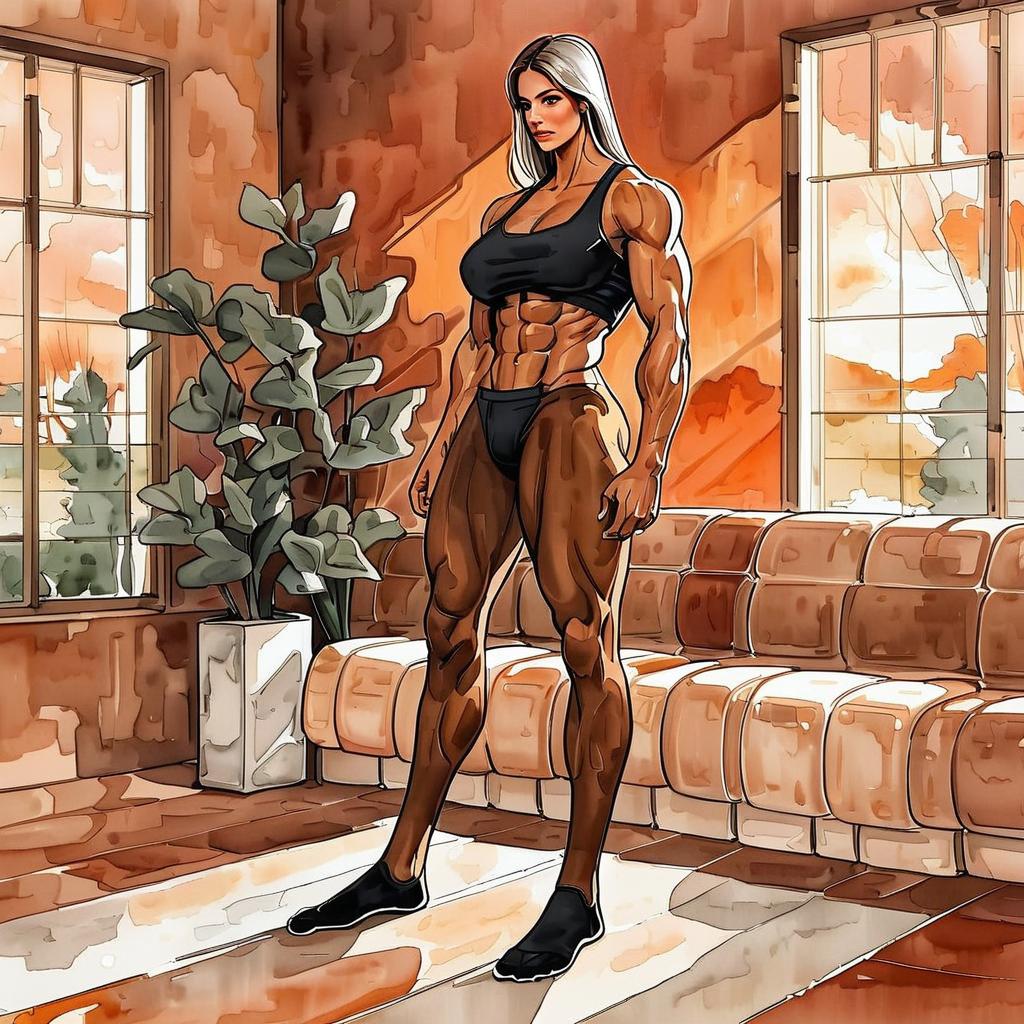Stylized Illustration of Confident Muscular Woman in Modern Living Room Stylized Illustration of Confident Muscular Woman in Modern Living Room