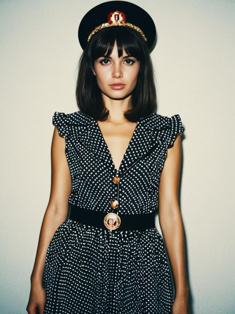 Woman in Mia Costume with Polka Dot Dress and Military-Style Hat Fashion Photo