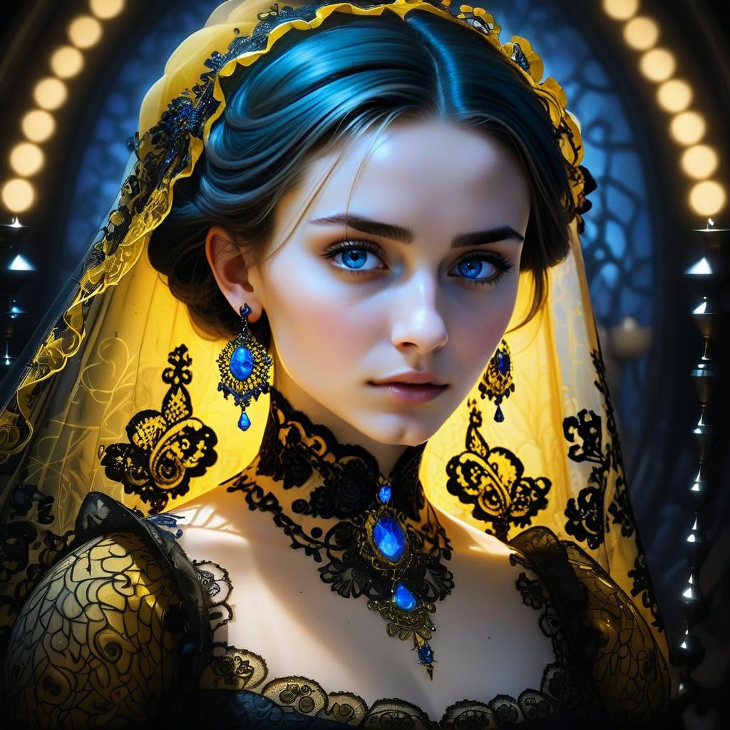 Stunning Woman in Black Lace and Blue Gemstone Jewelry