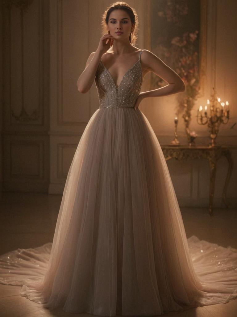 Elegant Woman in Beaded Evening Gown