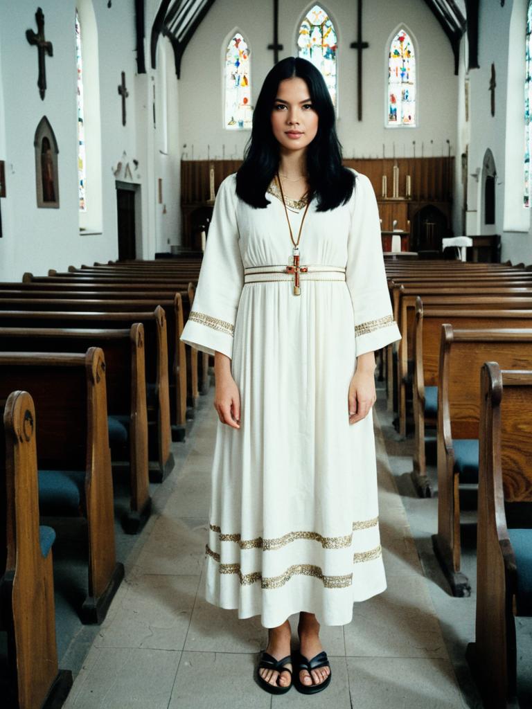 Woman in White Vintage Dress with Religious Jewelry in Church Interior