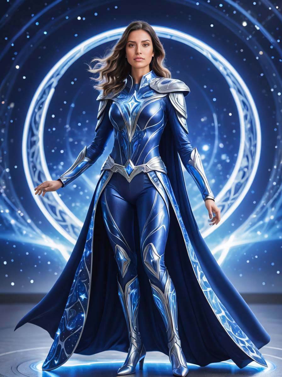 Futuristic Woman in Blue and Silver Costume