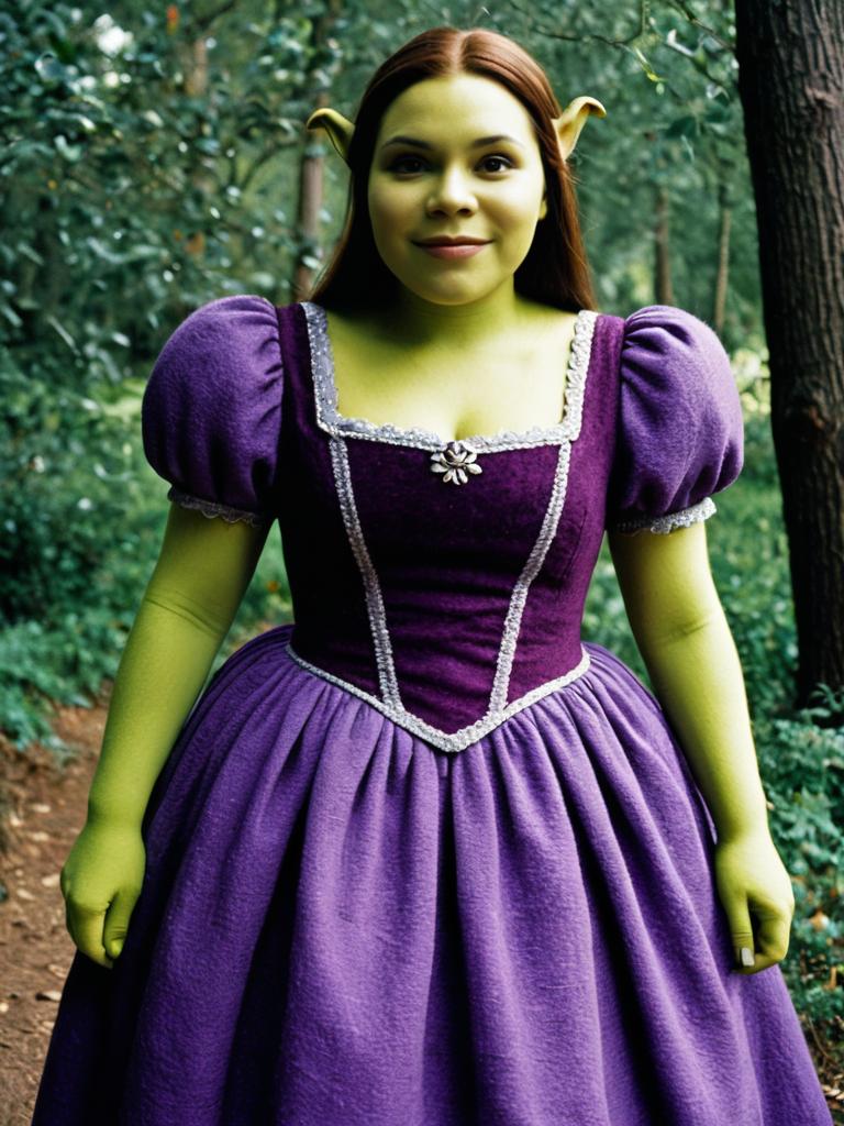 Woman in Purple Dress Wearing Shrek Costume with Ogre Ears in Forest