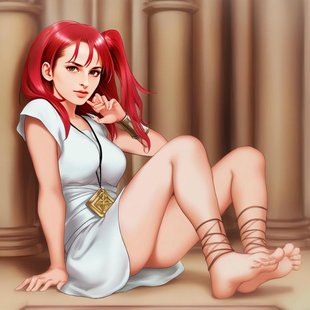 Digital Illustration of Red-Haired Woman in Ancient Greek Style Dress Sitting by Classical Columns