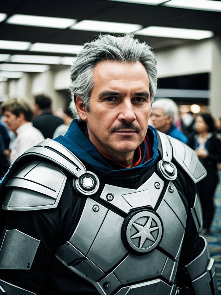 Cosplayer in Futuristic Silver Armor with Star Emblem