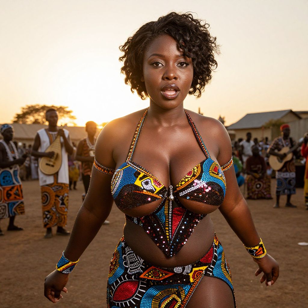 African Woman in Traditional Colorful Attire at Sunset Festival