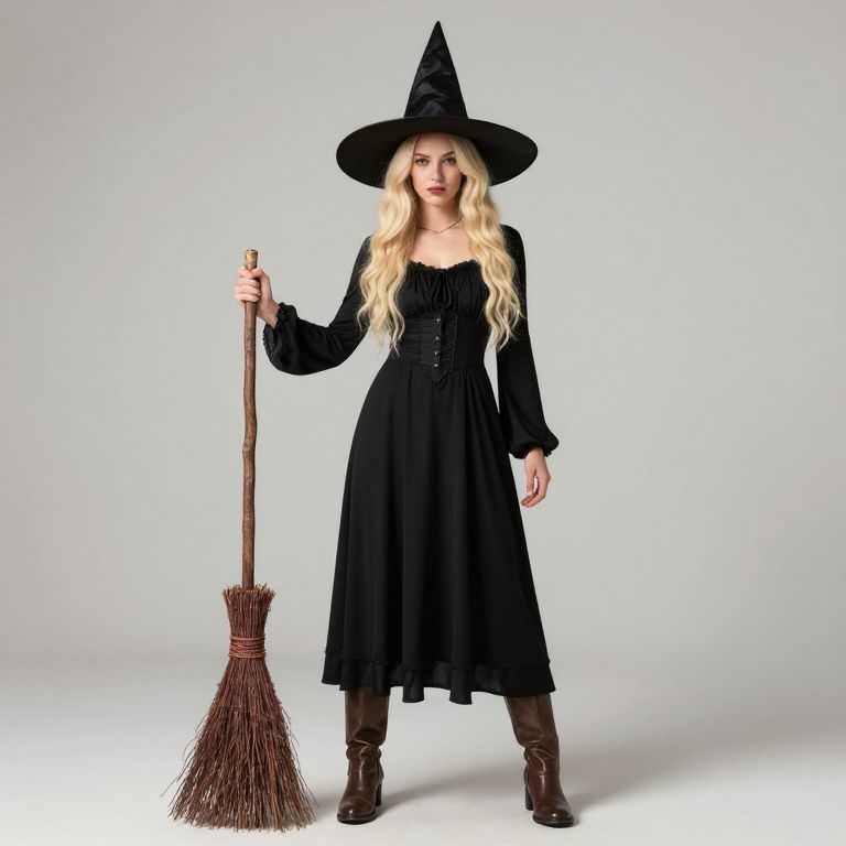 Woman in Classic Witch Costume with Broomstick Standing Confidently
