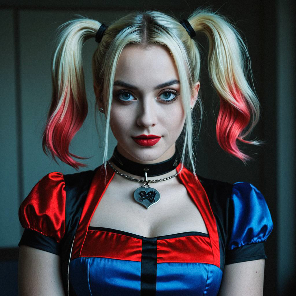 Young Woman in Vibrant Satin Dress with Red Ponytails