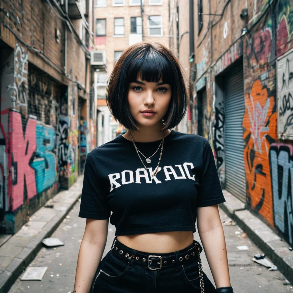 Young Woman in Street Style Fashion in Urban Graffiti Alley