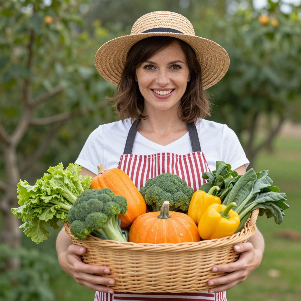 Woman Holding Basket of Fresh Vegetables Outdoors