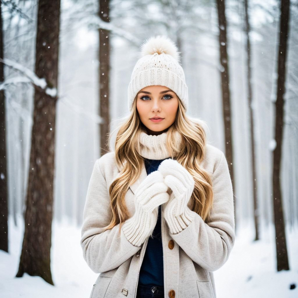 Young Woman in Cozy Winter Attire in Snowy Forest