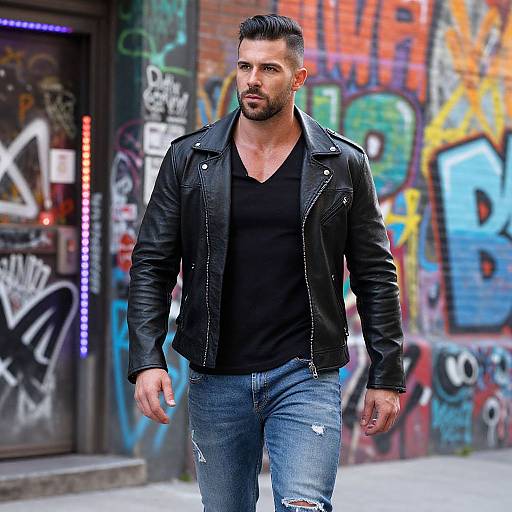 Man in Black Leather Jacket Walking in Urban Graffiti Street