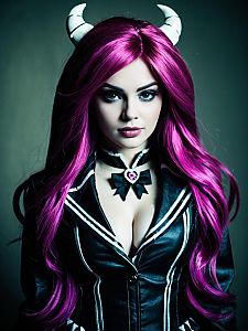 Woman in Monster High Costume with Vibrant Magenta Hair and Leather Jacket