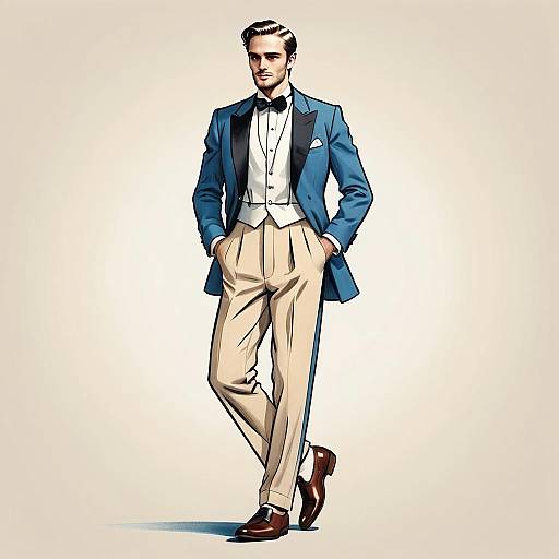 Vintage Style Man in Blue Tuxedo Jacket and Beige Trousers Illustration