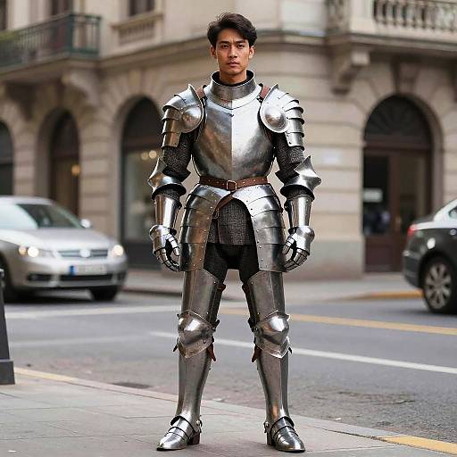 Man in Medieval Armor Standing on Urban Street Corner