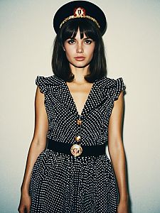 Woman in Mia Costume with Polka Dot Dress and Military-Style Hat Fashion Photo
