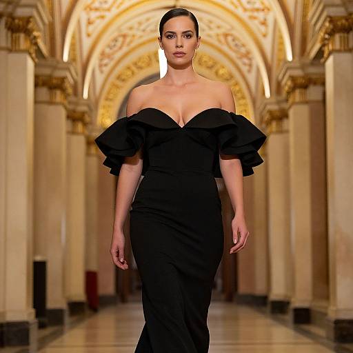 Elegant Woman in Black Off-the-Shoulder Evening Gown Walking in Grand Hallway
