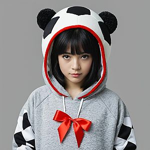 Young Woman in Cozy Gray Hoodie with Bear Ears and Red Bow