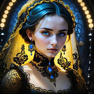 Stunning Woman in Black Lace and Blue Gemstone Jewelry