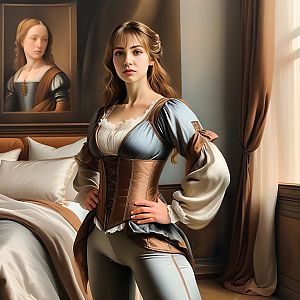 Confident Woman in Renaissance Outfit in Elegant Bedroom