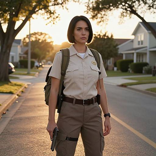Female Security Officer in Khaki Uniform Holding Gun on Suburban Street at Sunset
