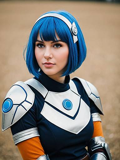 Woman in Futuristic Blue and Silver Sci-Fi Armor Costume with Blue Bob Hair