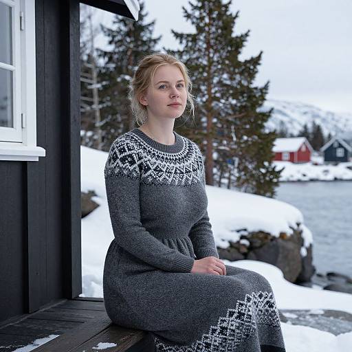 Young Woman in Traditional Nordic Sweater Dress Sitting by Snowy Cabin