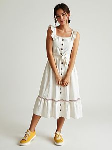 Casual Summer White Sleeveless Midi Dress with Ruffle Trim