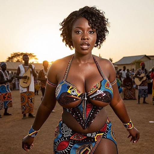 African Woman in Traditional Colorful Attire at Sunset Festival