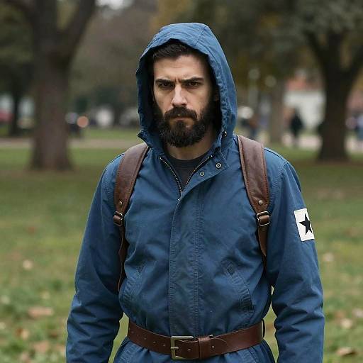 Portrait of Bearded Man Wearing Blue Hooded Jacket Outdoors