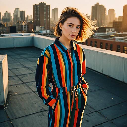Woman Wearing Colorful Striped Jumpsuit on Urban Rooftop at Sunset