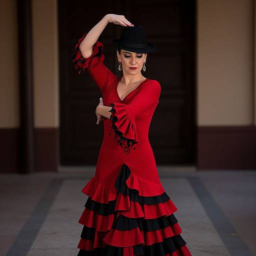 Woman in Traditional Red and Black Flamenco Dress with Black Hat
