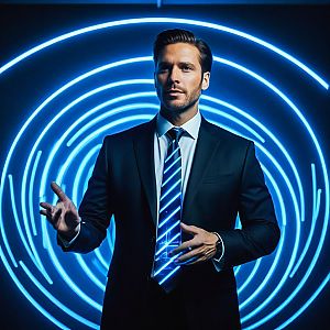 Confident Man in Black Suit Against Futuristic Background