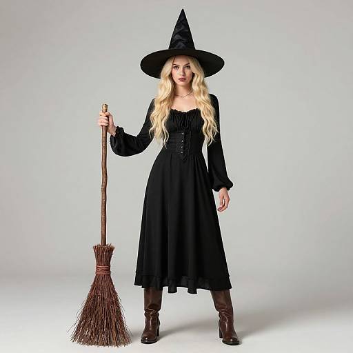 Woman in Classic Witch Costume with Broomstick Standing Confidently
