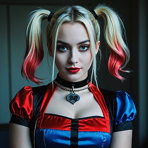 Young Woman in Vibrant Satin Dress with Red Ponytails