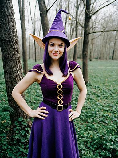 Woman in Purple Elf Costume with Pointed Hat and Elf Ears in Forest