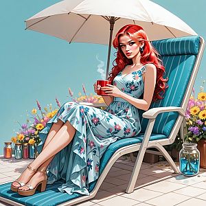 Woman Relaxing with Red Mug Under Umbrella