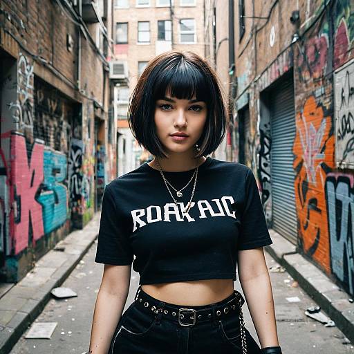 Young Woman in Street Style Fashion in Urban Graffiti Alley