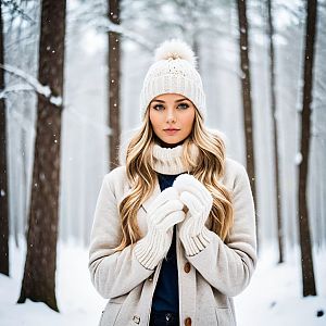 Young Woman in Cozy Winter Attire in Snowy Forest