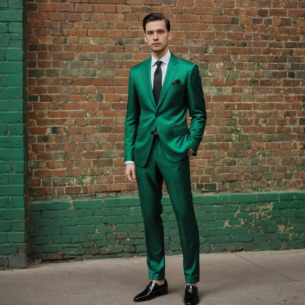 Stylish man in vibrant green suit against brick wall