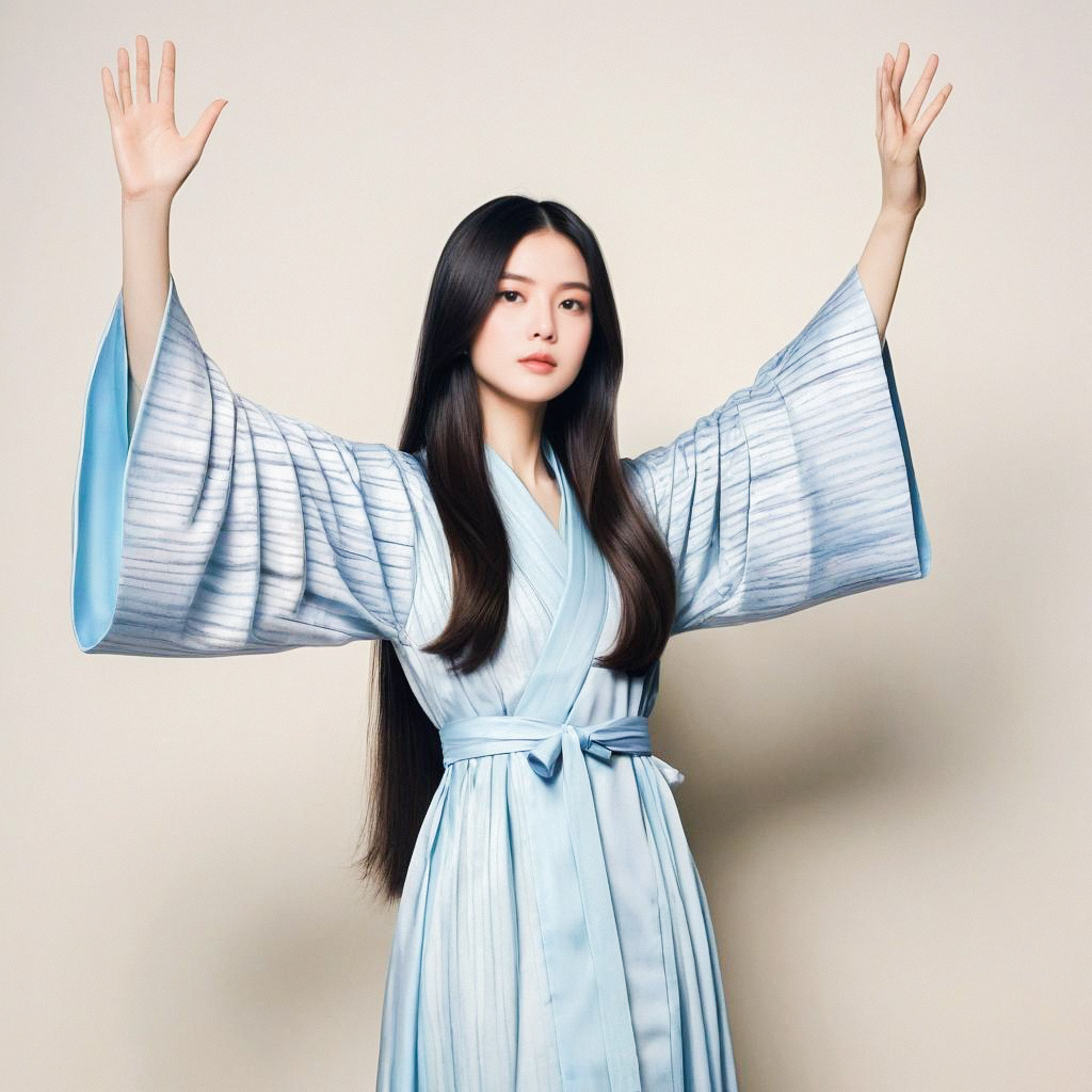 Elegant Woman in Light Blue Kimono Dress Elegant Woman in Light Blue Kimono Dress