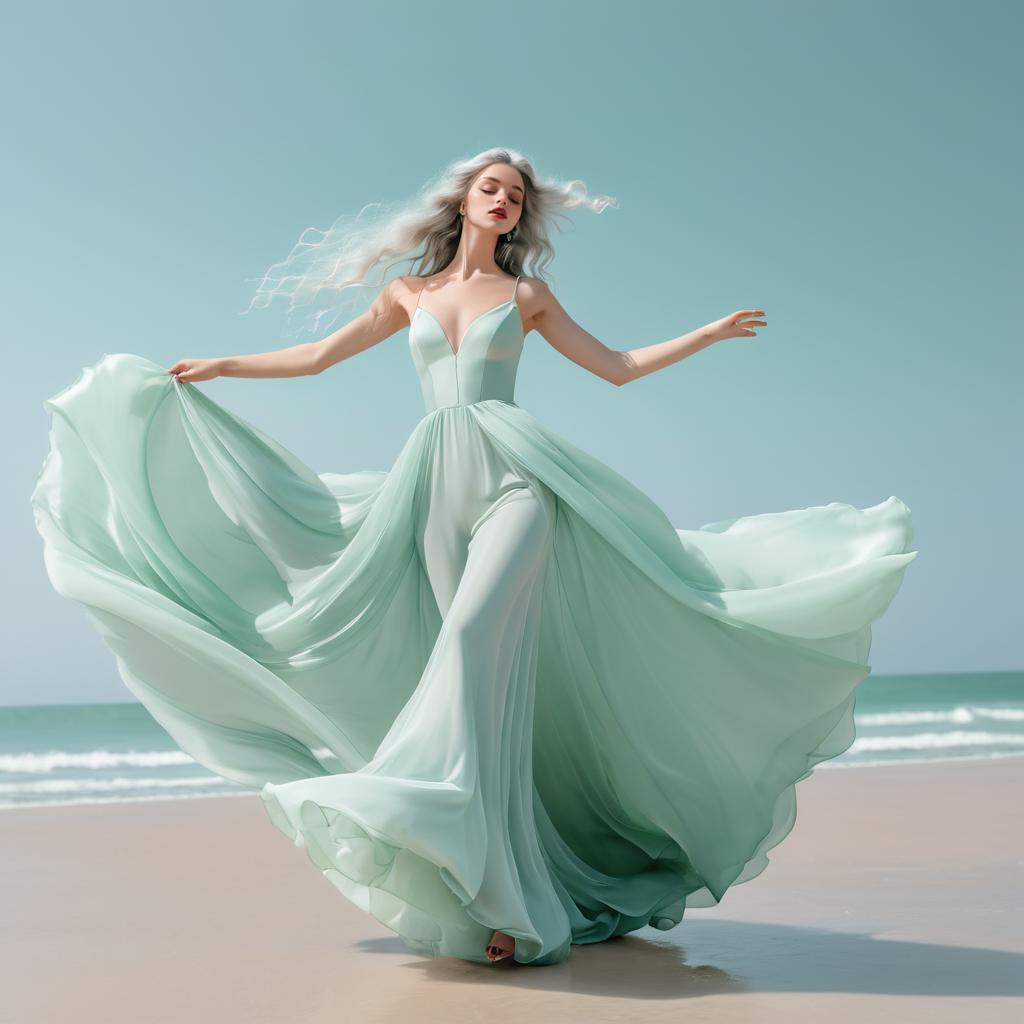 Woman Twirling on Beach in Mint-Green Gown