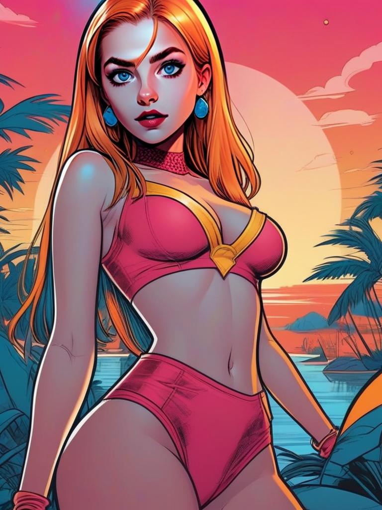 Confident Woman in Pink Bikini at Tropical Sunset