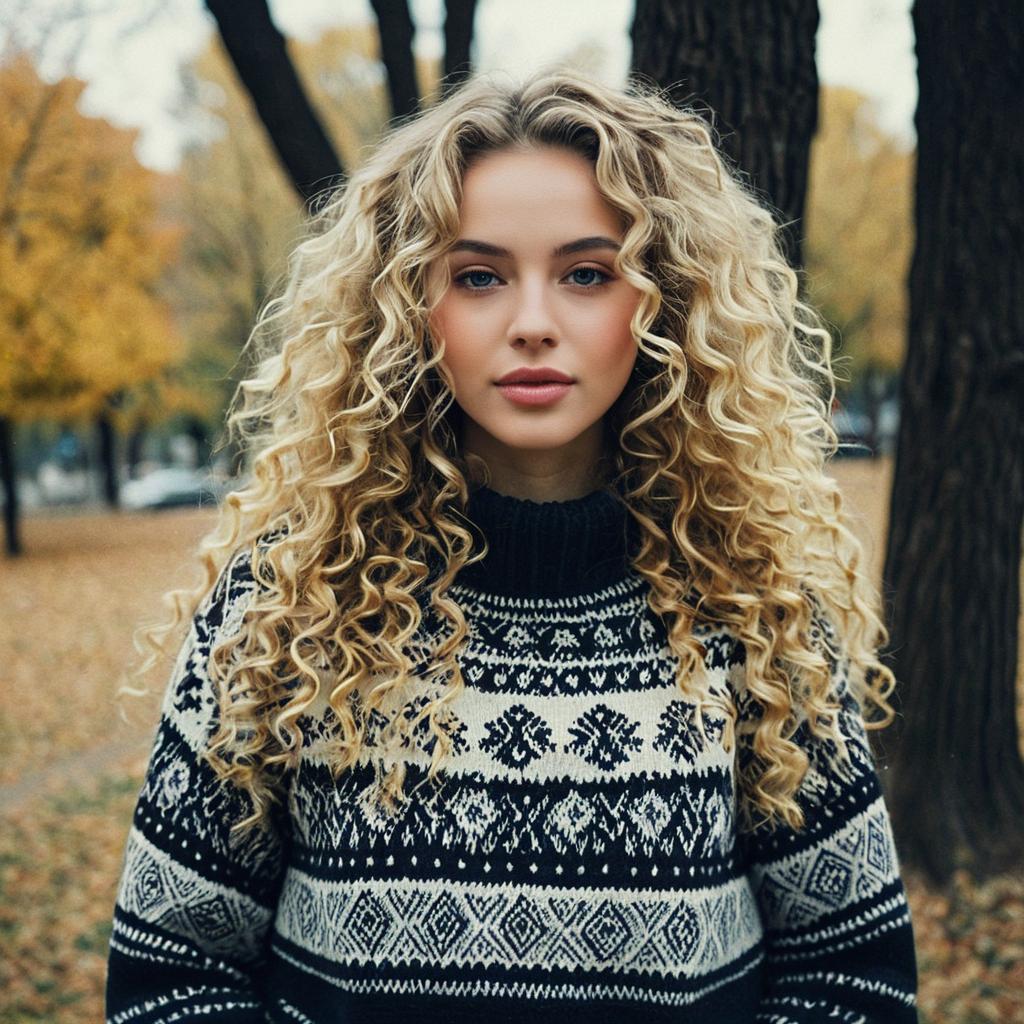 Stylish Woman with Long Curly Hair in Ankara Sweater Outdoors