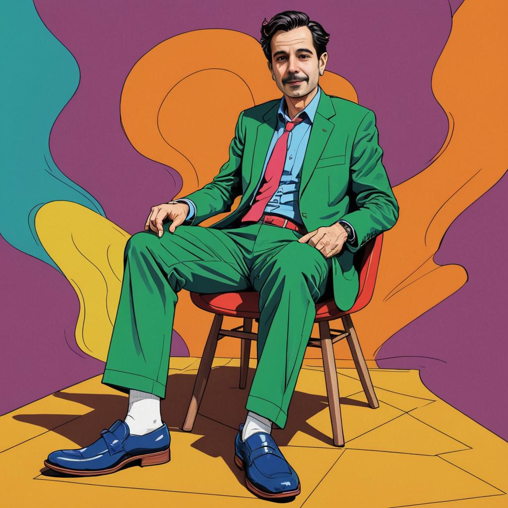 Stylized Man in Green Suit on Chair - Pop Art Illustration