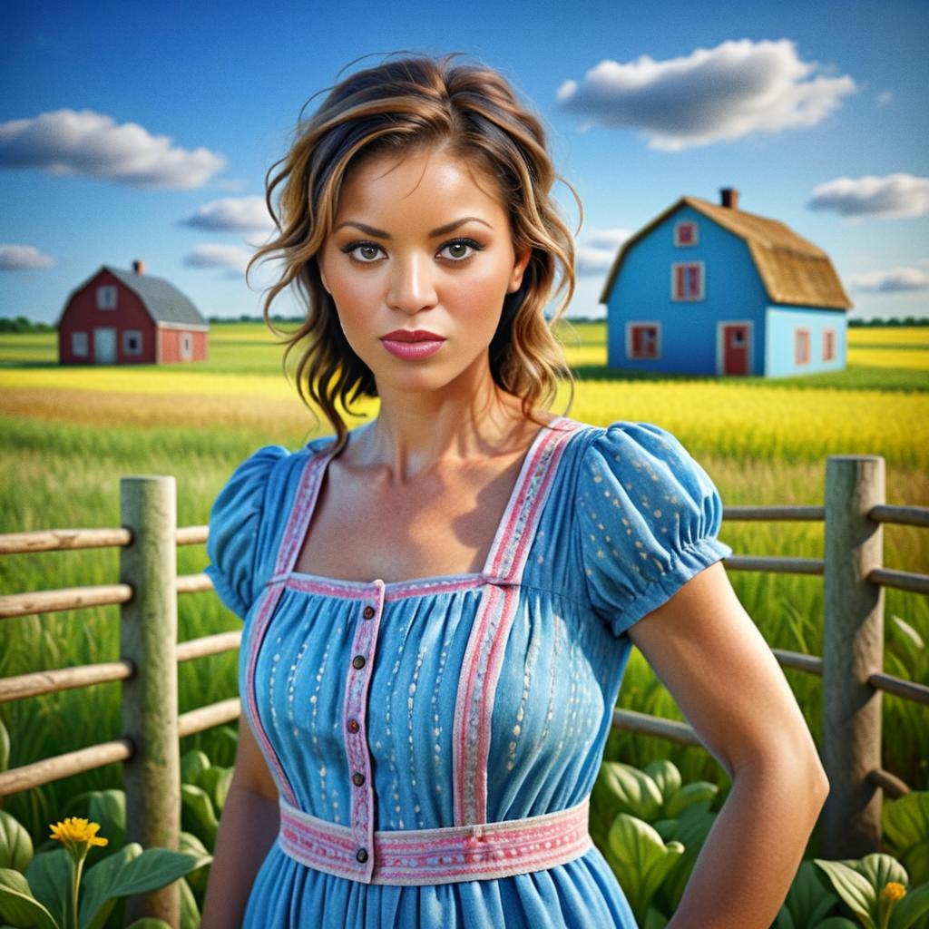 Woman in Vintage Blue Dress in Rural Landscape