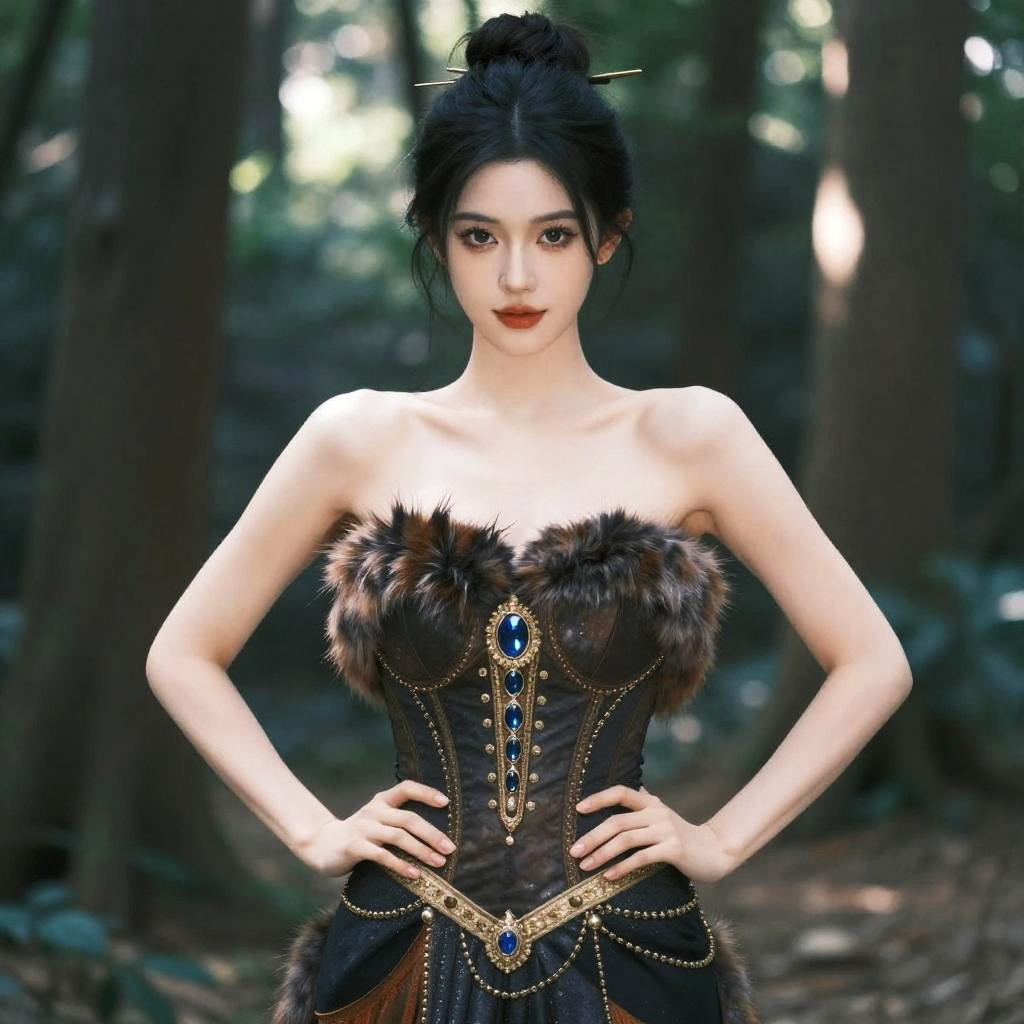 Elegant Woman in Fantasy Corset Dress with Jewels in Forest